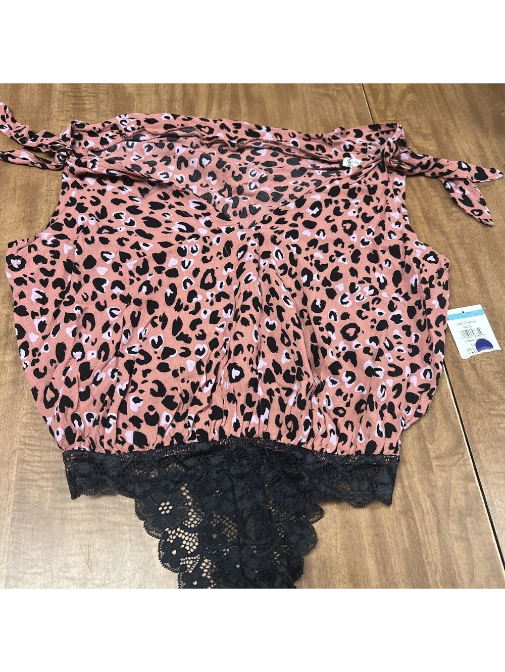 INTIMATELY FREE PEOPLE Bare It All Bodysuit Sz XS Black Lace Pink Leopard Print